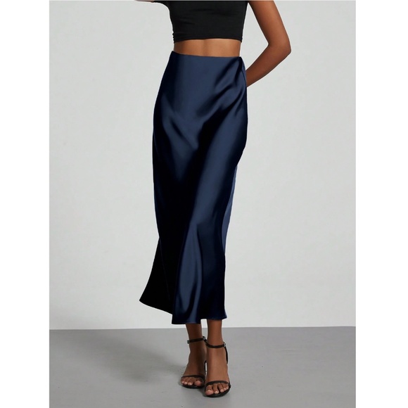 Navy Blue Satin A-Line Skirt High Waisted Long - Picture 4 of 9